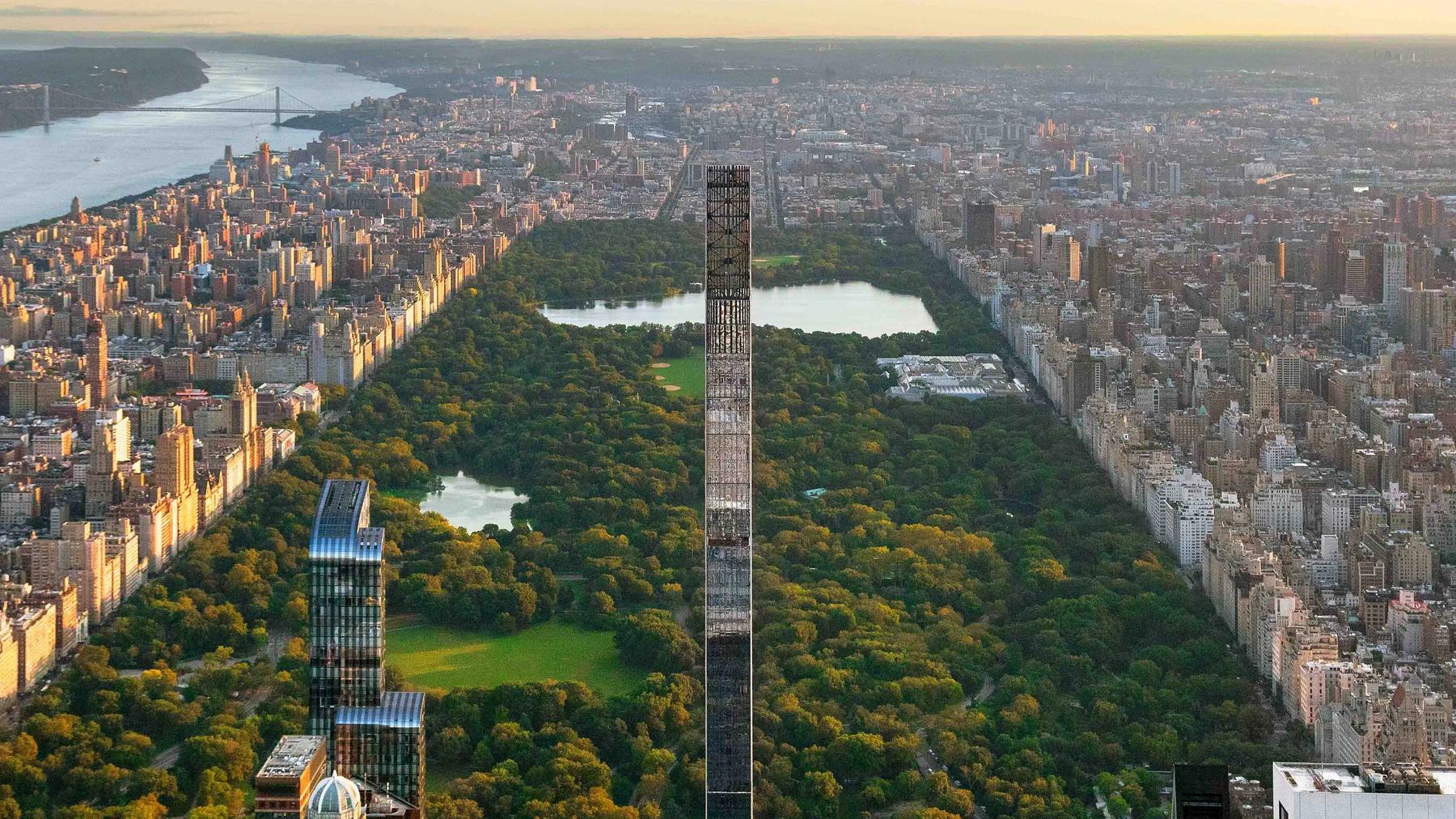 The tower rises as a narrow shaft above Central Park and the surrounding roofs.
